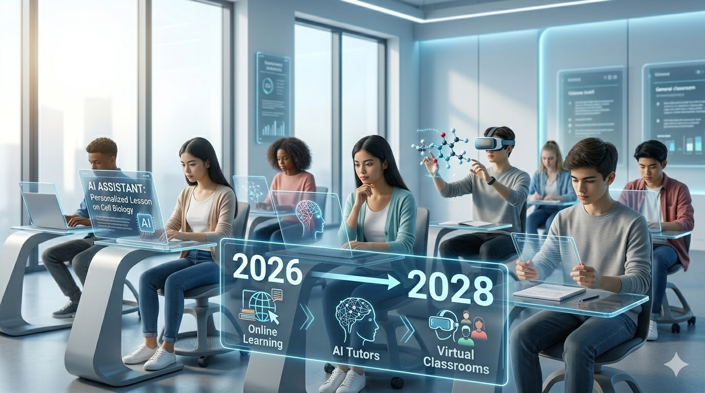 A futuristic classroom scene set in the near future (2026–2028), where students interact with advanced AI-powered learning environments. Instead of traditional desks, there are transparent digital screens, augmented reality lessons, and AI assistants guiding students individually. A large holographic timeline or floating interface shows “2026 → 2028” with evolving education icons (online learning, AI tutors, virtual classrooms). Bright, optimistic atmosphere with natural light mixed with soft futuristic glow. Diverse students engaged and curious. Clean, high-tech, semi-realistic style, balanced composition with space for title text, high resolution, 169 aspect ratio.